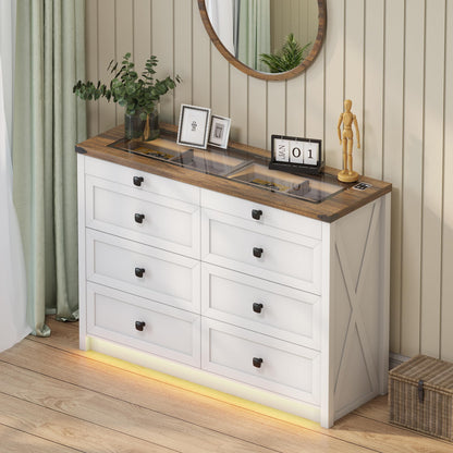 FREDEES Farmhouse Dresser for Bedroom with 8 Drawers, Wood Tall Chest of Drawers with LED Light/Charging Station/Human Sensor, Dressers Organizer for Closet, Living Room, Hallway, Antique White