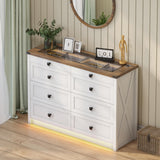 FREDEES Farmhouse 8 Drawers Dresser for Bedroom, Wood Tall Chest of Drawers with LED Light/Charging Station/Human Sensor, Dressers Organizer for Closet, Living Room, Hallway, White FREDEES