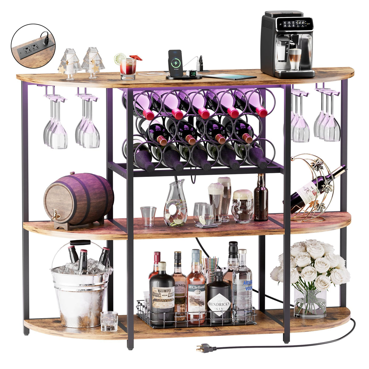VICTONE Wine Bar Cabinet with LED Lights and Power Outlets, Freestanding Liquor Bar Cabinet Table with Glass Holder Wine Rack Table Mini Bar for Home Kitchen Dining Room VICTONE