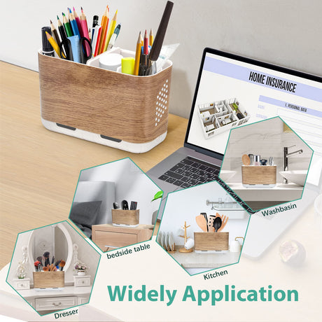 Boperzi Toothbrush and Toothpaste Holder Wood Grain for Bathroom Countertop with Adjustable Dividers, Toothpaste Caddy Organizer Storage Rustic Decor Set Freestanding Anti-Slip for Shower,Family,Kids Boperzi