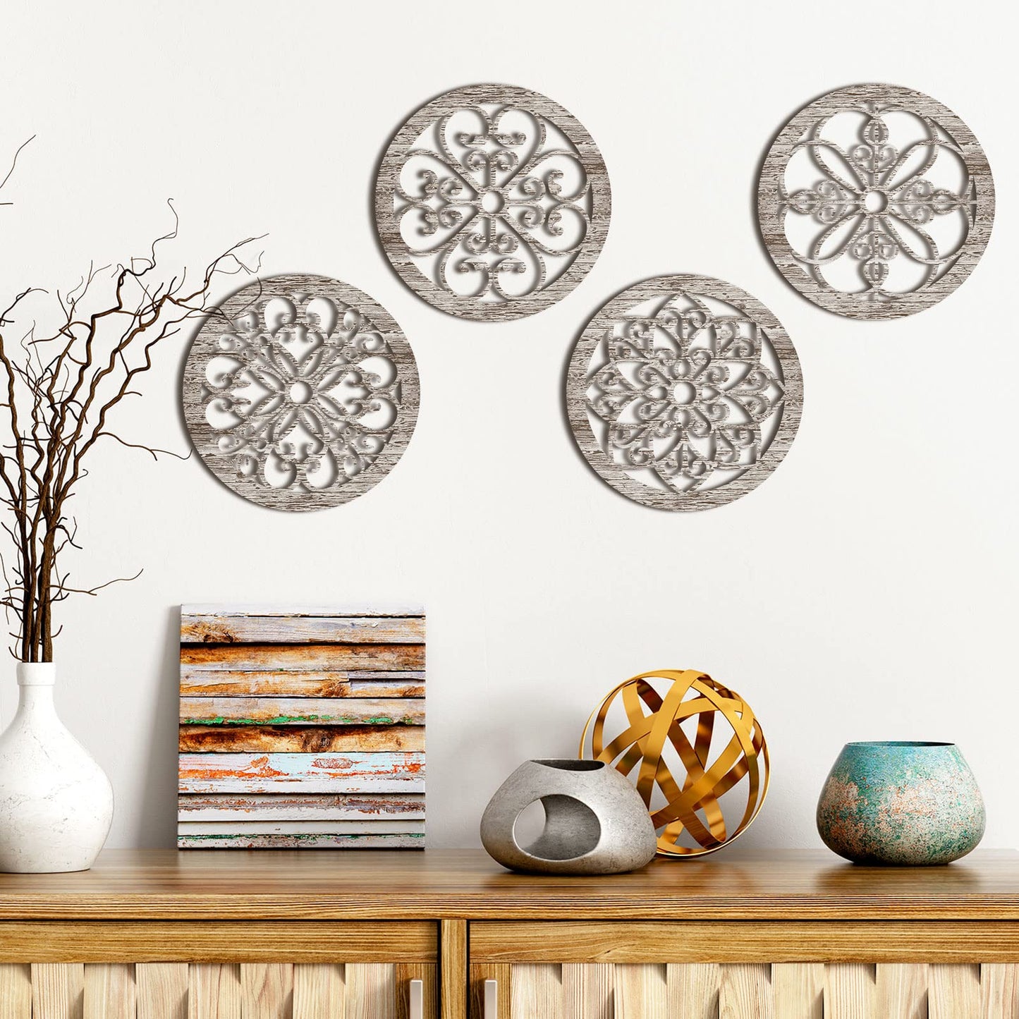 Yulejo 4 Pcs Thicken Rustic Wall Decor Farmhouse Wall Art Wooden Hollow Carved Design Decor Rustic Round Wall Art for Living Room Bedroom Hallway Decor Kitchen Wall (Retro White,9.8 x 9.8 Inch)