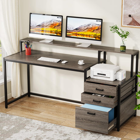 Tribesigns 63 Inch Computer Desk with File Drawer Cabinet, Ergonomic Office Desk with Monitor Stand, Industrial Computer Table with Printer Space, Wood PC Table Workstation Desk for Home Office Tribesigns