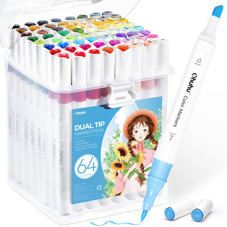 Ohuhu Markers for Adult Coloring Books No bleeding 64 Colors Water-based Coloring Markers Dual Tips Chisel & Brush Drawing Pens Art Markers for Kids Adults Beginners Lettering Journaling Ohuhu
