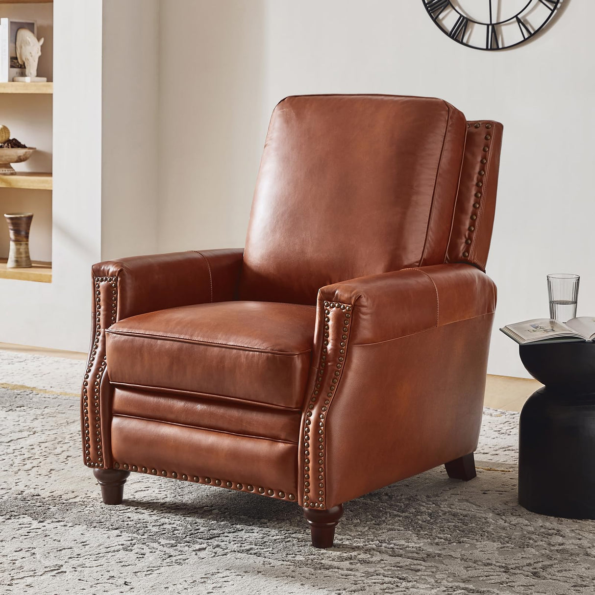HULALA HOME Genuine Leather Recliner Chair, Classic Push Back Recliner Armchair with Thick Seat and Backrest (Saddle) HULALA HOME