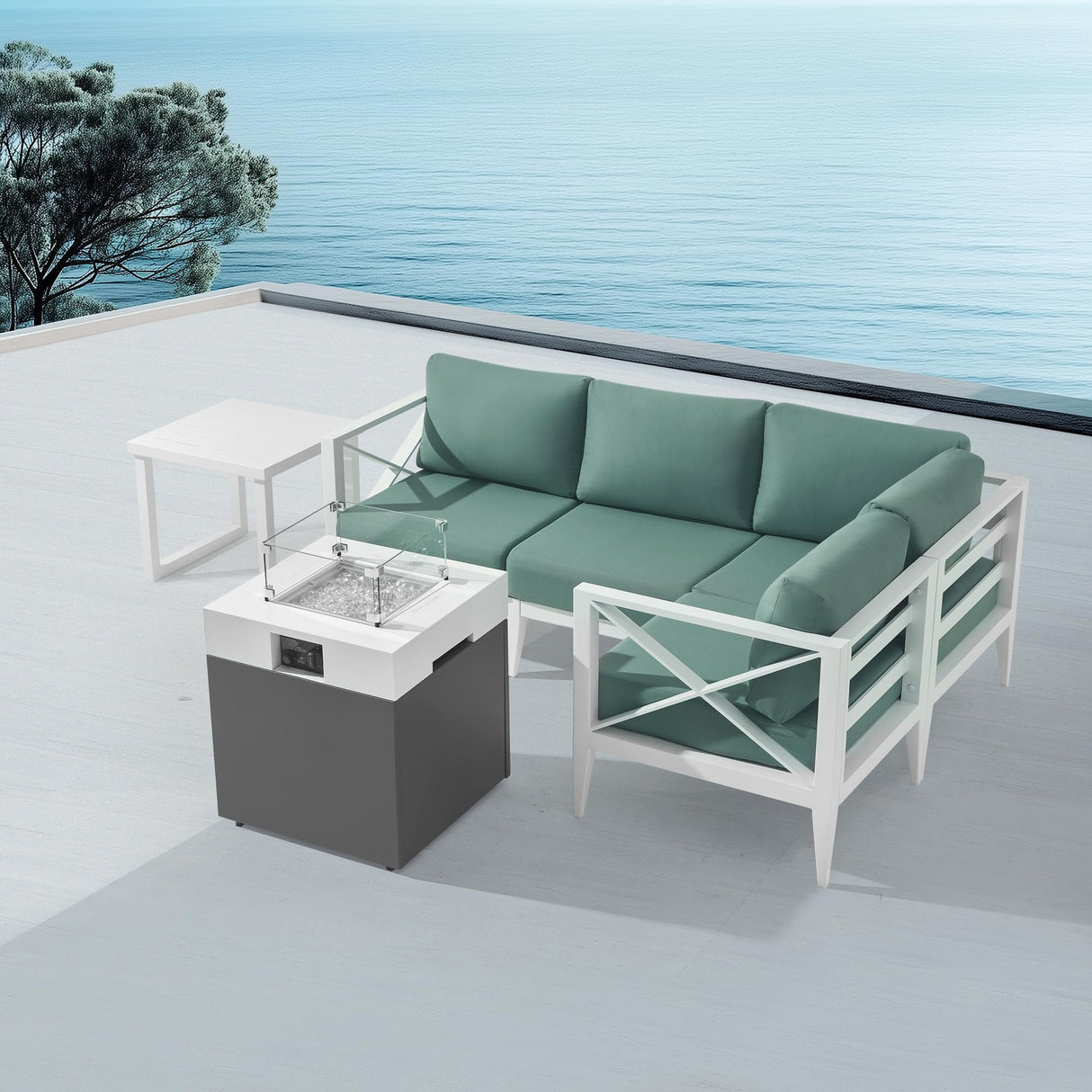 MAISON BACKYARDS MBY Aluminum Patio Sectional Set with Fire Pit Table – 4-Seat Outdoor Conversation Sofa Set with Corner Seat & 37,000 BTU Gas Firepit, Glass Wind Guard, Weather-Resistant – White MAISON BACKYARDS