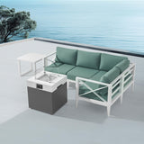 MAISON BACKYARDS MBY Aluminum Patio Sectional Set with Fire Pit Table – 4-Seat Outdoor Conversation Sofa Set with Corner Seat & 37,000 BTU Gas Firepit, Glass Wind Guard, Weather-Resistant – White MAISON BACKYARDS