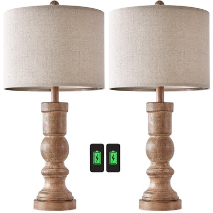 OYEARS 24.75" Table Lamps for Living Room Bedroom Set of 2 Farmhouse USB A+C Bedside Lamp Vintage Retro Resin Lamps Linen Shade Nightstand Home Office(Grainy) - WoodArtSupply