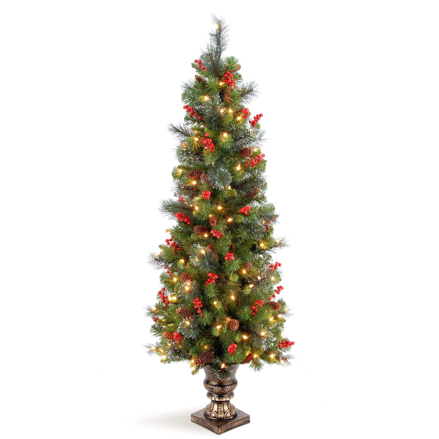 National Tree Company Pre-Lit Artificial Entrance Christmas Tree, Green, Crestwood Spruce, White Lights, Decorated with Pine Cones, Berry Clusters, Frosted Branches, Includes Pot Base, 5 Feet