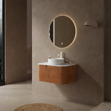 GUCOGUKA 30'' Floating Vanity with Sink Combo, Modern Wall-Mounted Curved Edges Striped Bathroom Storage Cabinet with Soft-Close Drawer and White Artificial Marble Basin, Natural Walnut GUCOGUKA