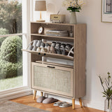 VECHOLL Rattan Shoe Cabinet with 2 Flip Drawers Freestanding Shoe Storage Cabinet for Entryway Slim Hidden Shoe Cabinet with Open Shelf Boho Shoe Rack Cabinet for Hallway, Natural Oak VECHOLL