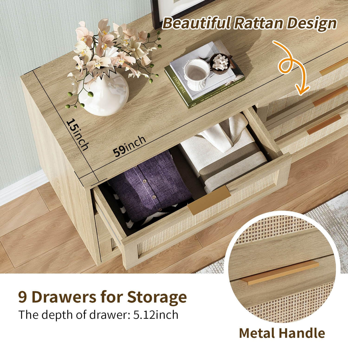 Angel Sar 59'' Boho 9 Drawer Dresser for Bedroom, Modern Rattan Dresser with Golden Handles, Sturdy Wood Legs & Anti-Tipping Design, Wood Closet Organizer Storage Cabinet with 9 Drawers Angel Sar