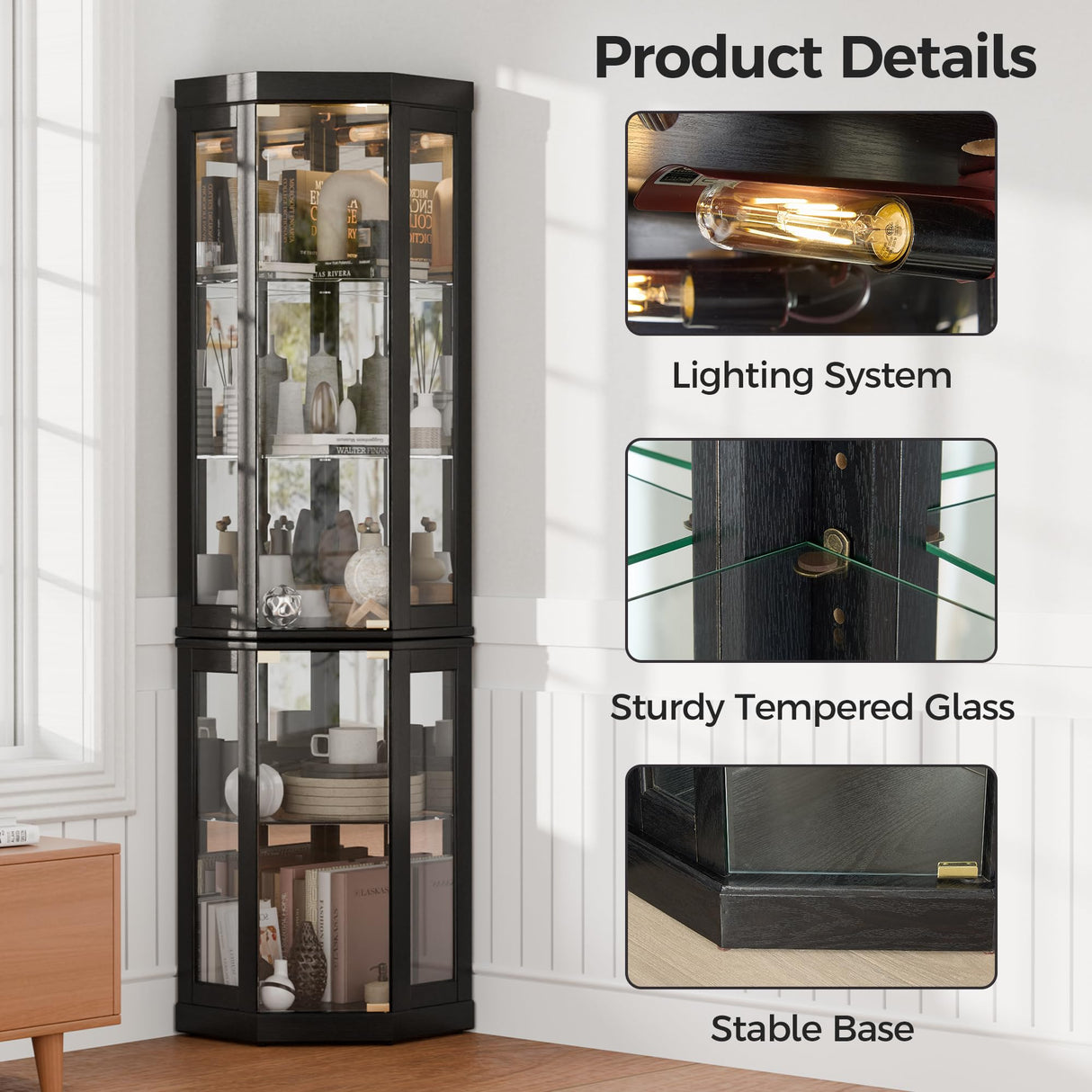 Trygoal 70" H Lighted Corner Curio Cabinet, Display Curio Cabinet with Tempered Glass Doors and Shelves, Corner Display Case with Light Bulb for Living Room, Dining Room, Black Trygoal