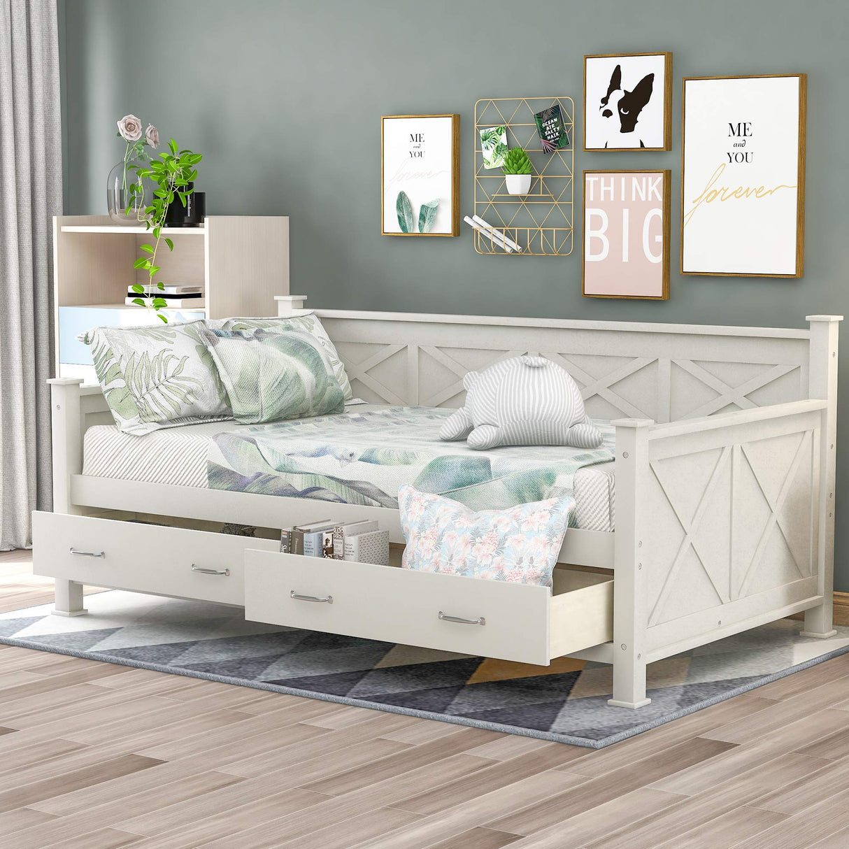 Twin Size Farmhouse Wood Daybed with 2 Storage Drawers, X-Shaped Sturdy Modern and Rustic Casual Style Corner Bed Day Bed Frame with Drawers for Bedroom, No Box Spring Required (Cream White+Twin) THINK 30