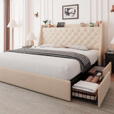 Feonase Upholstered Queen Bed Frame with 4 Storage Drawers, Charging Station and Tufted Wingback Storage Headboard, No Box Spring Needed, Easy Assembly, Beige Feonase
