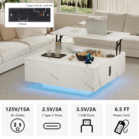 Square Lift Top Coffee Table, 31.5" Wooden Coffee Table with 2 Drawers & Hidden Storage, LED Lights & Charging Station, Mid Century Modern Center Table for Living Room Home Office (White) YKVIQBY