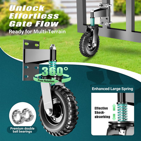 Aclastool Gate Wheel, 8 Inch Spring-Loaded Heavy Duty Caster for Metal Tube & Wooden Gates, 700 lbs Capacity, Black, 2 Pack Aclastool