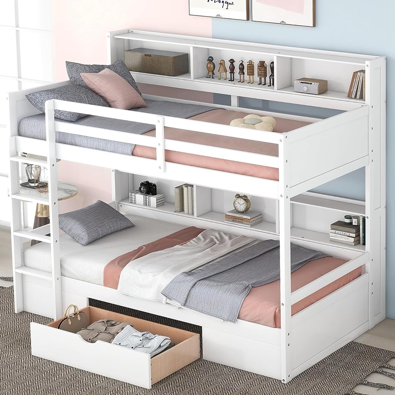 Twin Over Twin Solid Wood Bunk Bed with Storage Drawer and Built-in Shelves by Harper & Bright Designs in White - WoodArtSupply