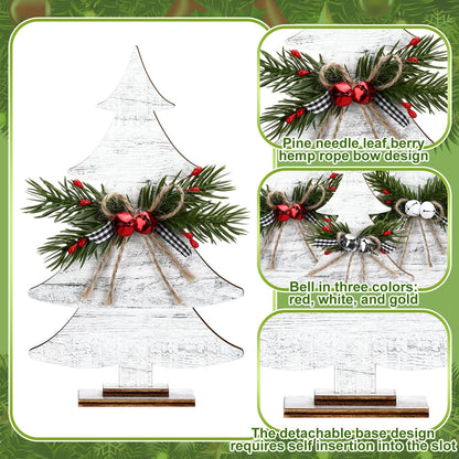 Huwena 3 Pcs Christmas Wooden Table Sign Tabletop Christmas Tree Shaped Decorations Handmade Rustic Decorative Trees with Pine Needle Berry Rope Bow Neutral Christmas Decor for Xmas Home Office Mantel