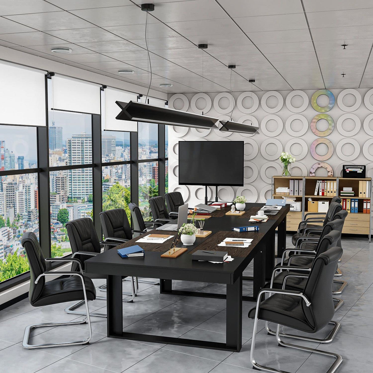 FAMAPY 7.2FT Conference Table Podcast Table, Black Metal Frame, Rectangular Office Table Meeting Table Podcast Table, Black and Deep Walnut (86.8”W x 47.2”D x 29.4”H) FAMAPY