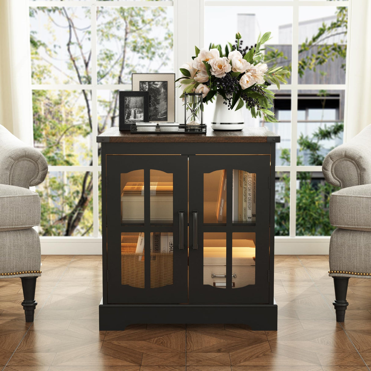 ChooChoo Rustic End Table, 24" Large Sofa Side Table with Charging Station & LED Light, Black Nightstand with Adjustable Storage Shelf, Square Bedside Table for Living Room, Bedroom, Office ChooChoo