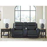Signature Design by Ashley 5Z-Dreamlight Modern Leather Match Power Reclining Loveseat with Console, Adjustable Headrest and USB Charging, Black Signature Design by Ashley