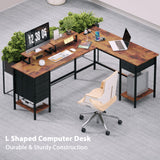 Korfile 66" L Shaped Computer Desk with Power Outlets, Home Office Desk with 4 Adjustable Storage Drawers & 2 Monitor Stands, Large Two Person Gaming Table for Writing Study, Rustic Brown Korfile