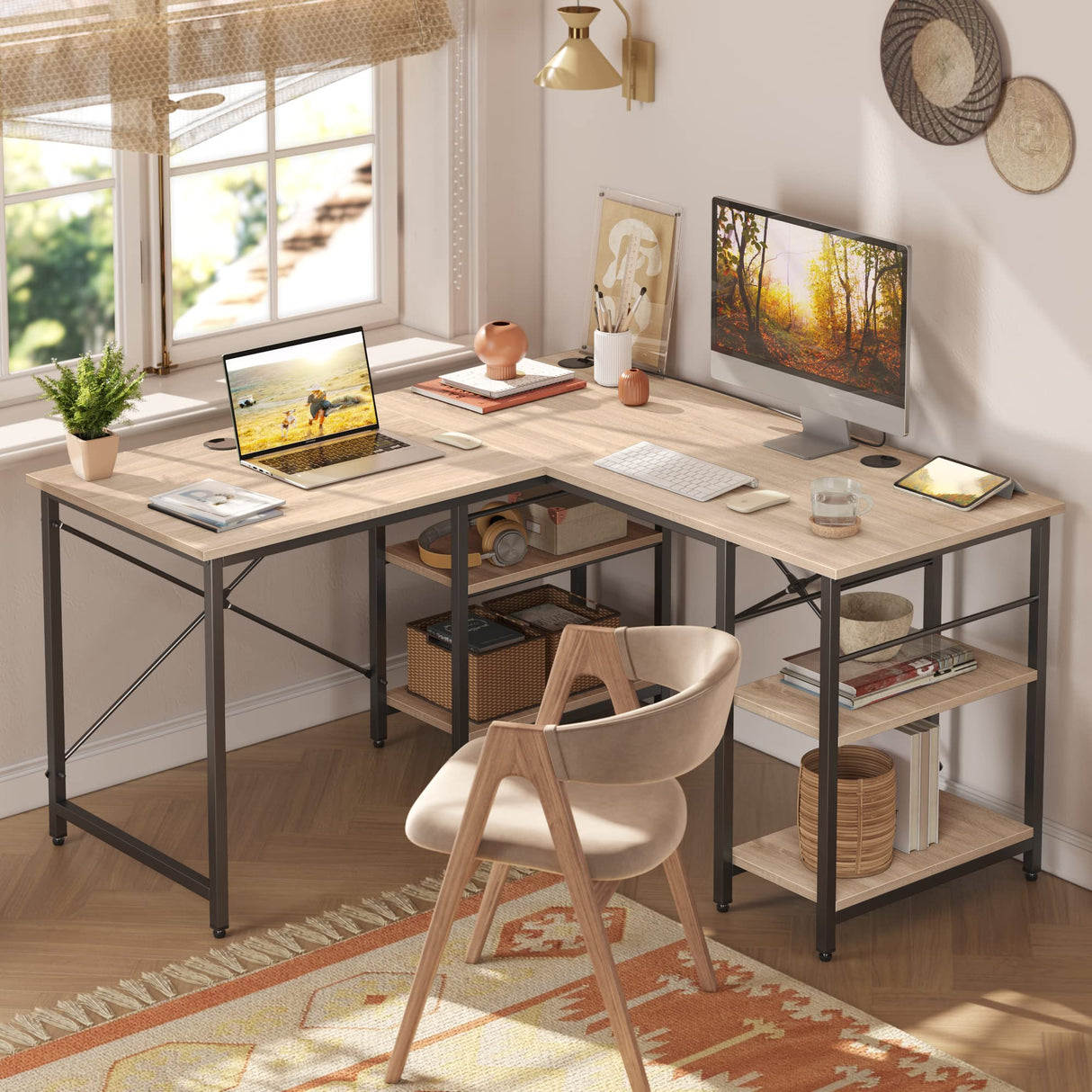 Bestier L Shaped Desk with Shelves 86.6 Inch Reversible Corner Computer Desk or 2 Person Long Table for Home Office Large Gaming Writing Storage Workstation P2 Board with 3 Cable Holes, Oak Bestier