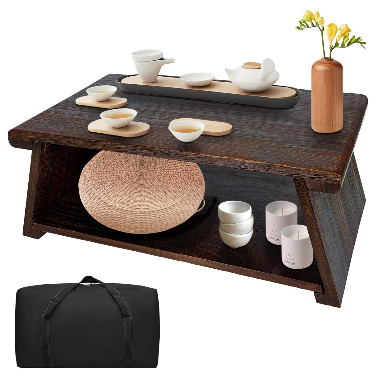 koretech Japanese Low Floor Table Folding Coffee Tables,23''x13.5'' Paulownia Wood Tables Tatami Tables Meditation Table Altar with Storage koretech