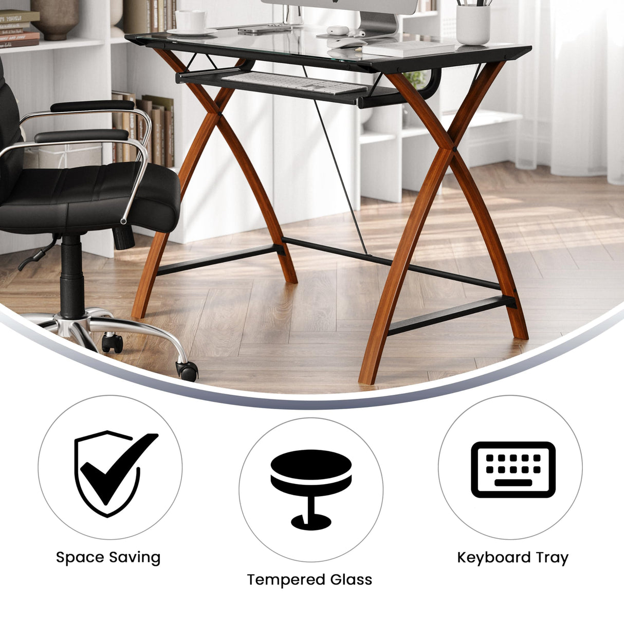 Flash Furniture Jude Tempered Glass Computer Desk with Pull-Out Keyboard Tray and Crisscross Frame, Small Computer Desk for Home Office, Cherry/Clear Flash Furniture