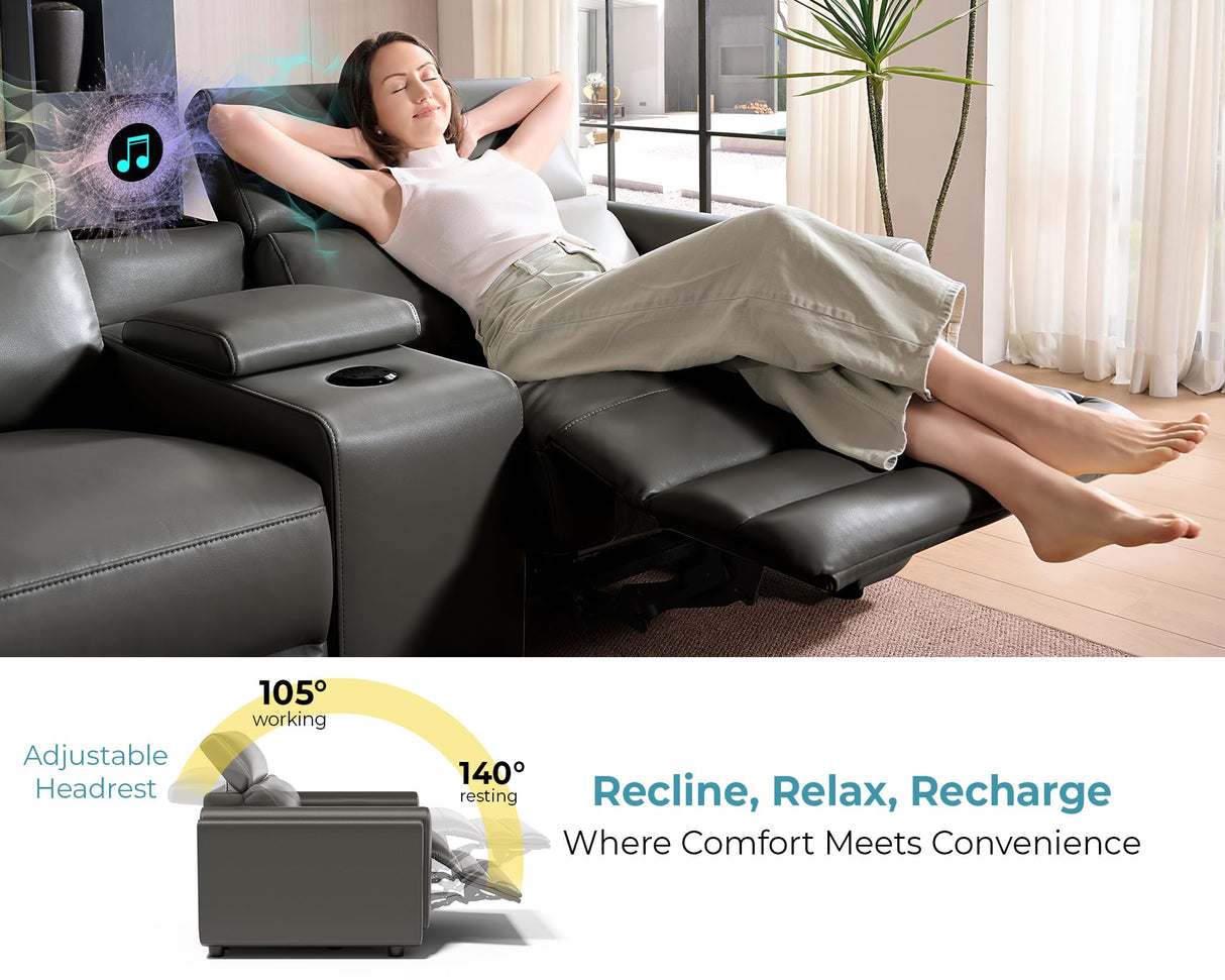 Jocisland Dual Power Recliner, Oversized 5-Seater Sofa with Console, 3 Bluetooth Speakers & Hidden Storage, Modern L Shaped Reclining Couch with 6 Charging Ports - Dark Gray Leathaire Jocisland