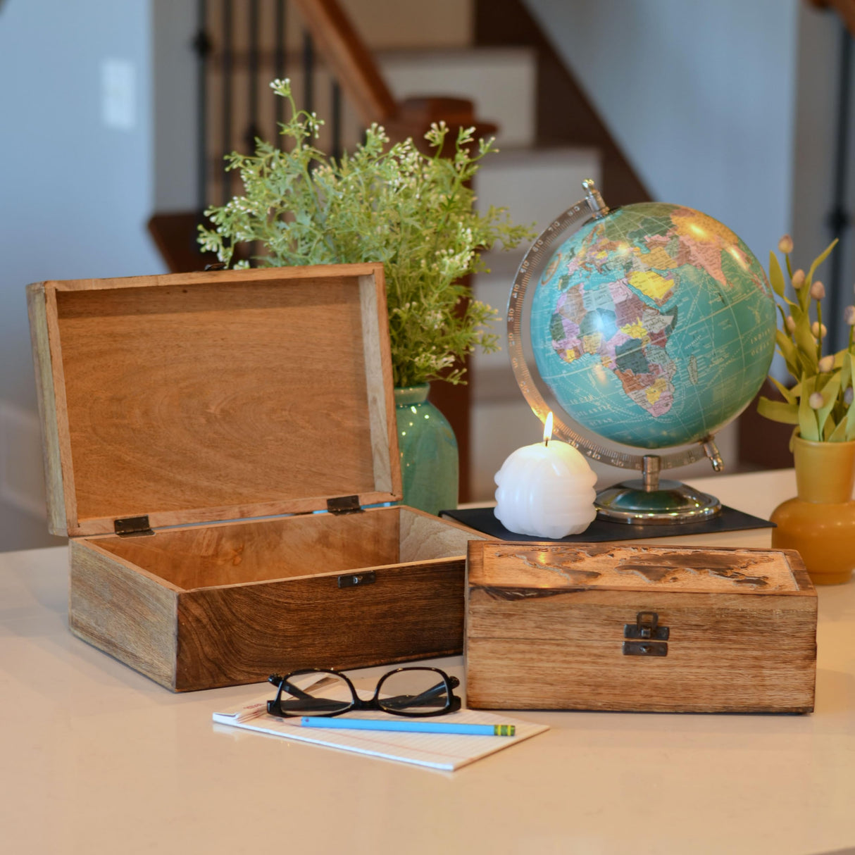 WHW Whole House Worlds World Map Boxes, Set of 2, Handmade, Mango Wood, Decorative, Raised Relief Details, 11.75 Inches WHW Whole House Worlds