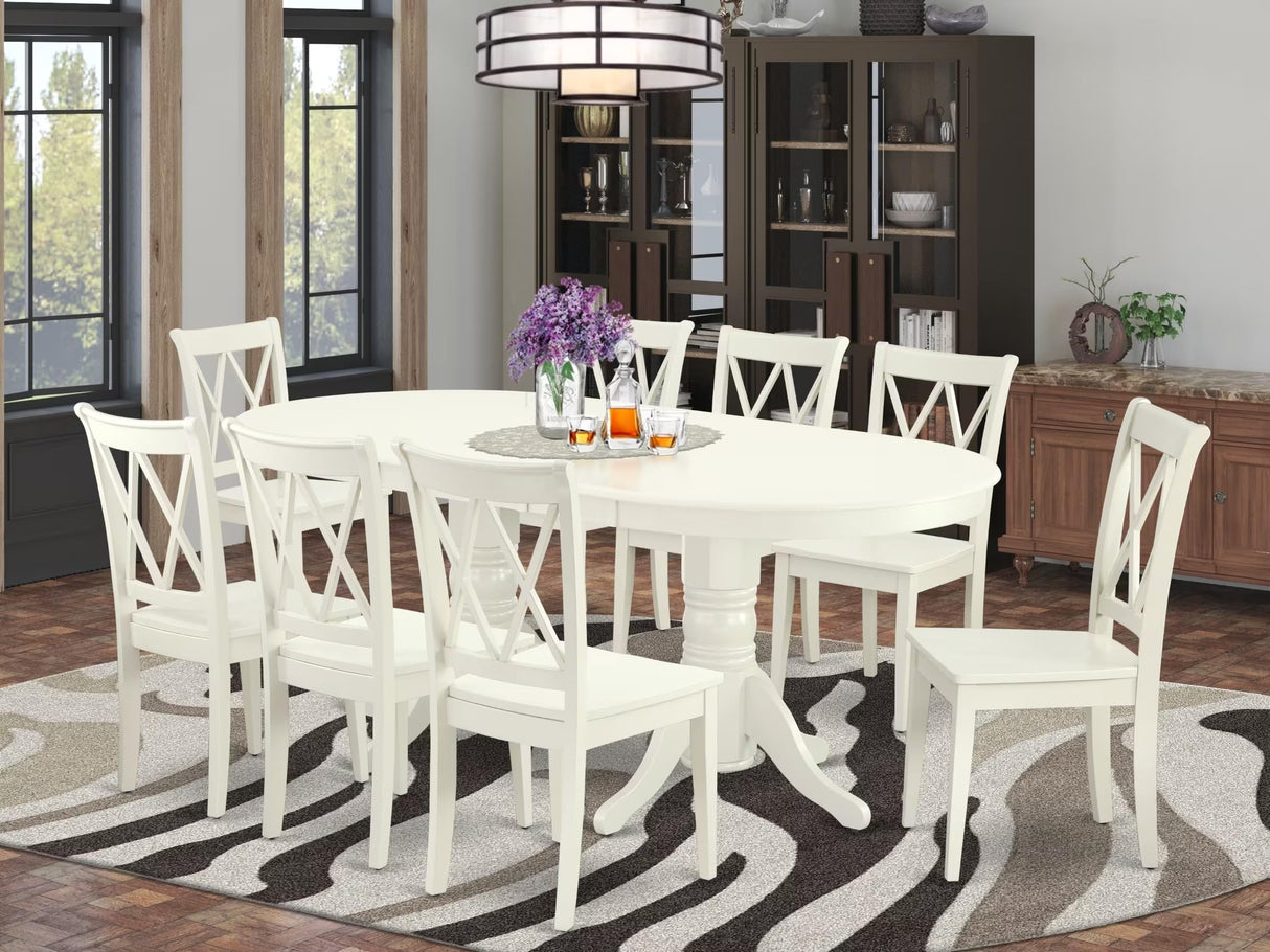 East West Furniture VACL9-LWH-W 9 Piece Dining Table Set Includes an Oval Dining Room Table with Butterfly Leaf and 8 Wood Seat Chairs, 40x76 Inch, Linen White East West Furniture