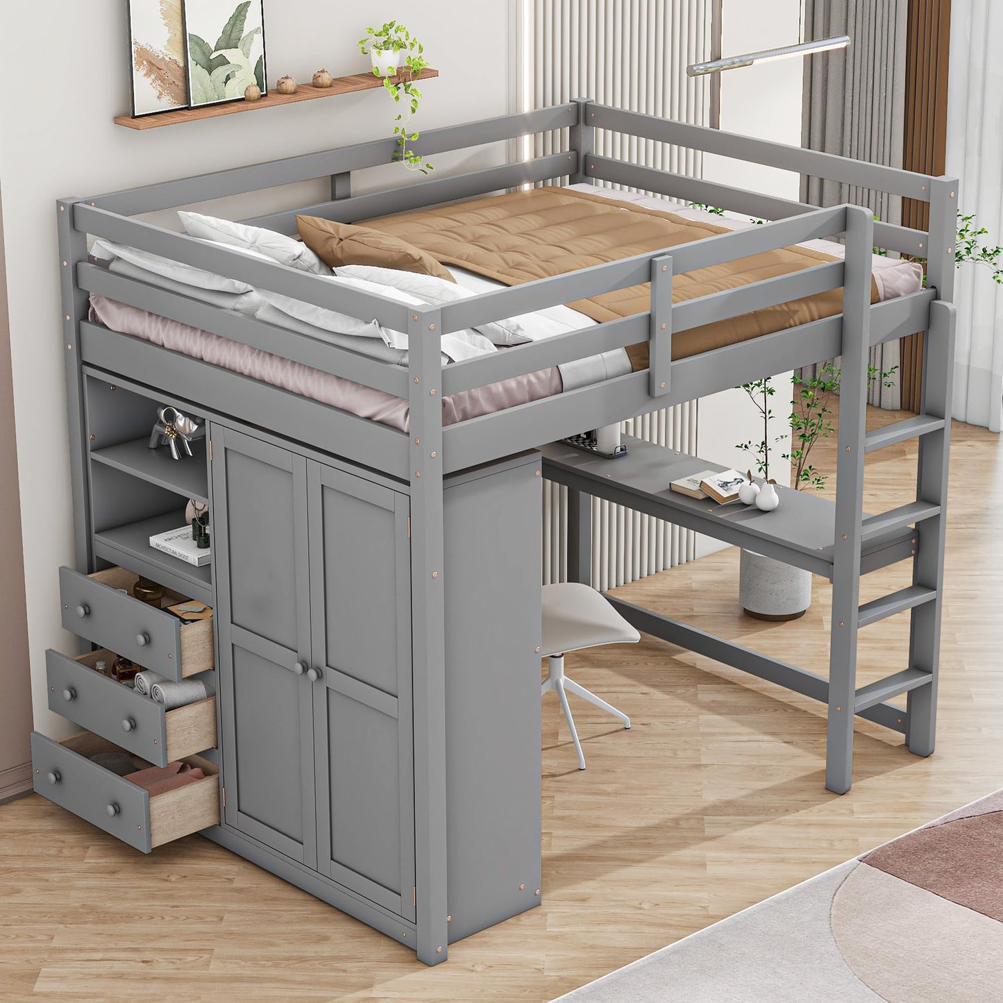 Harper & Bright Designs Full Size Grey Loft Bed with Wardrobe, Desk, and Storage Solutions - WoodArtSupply