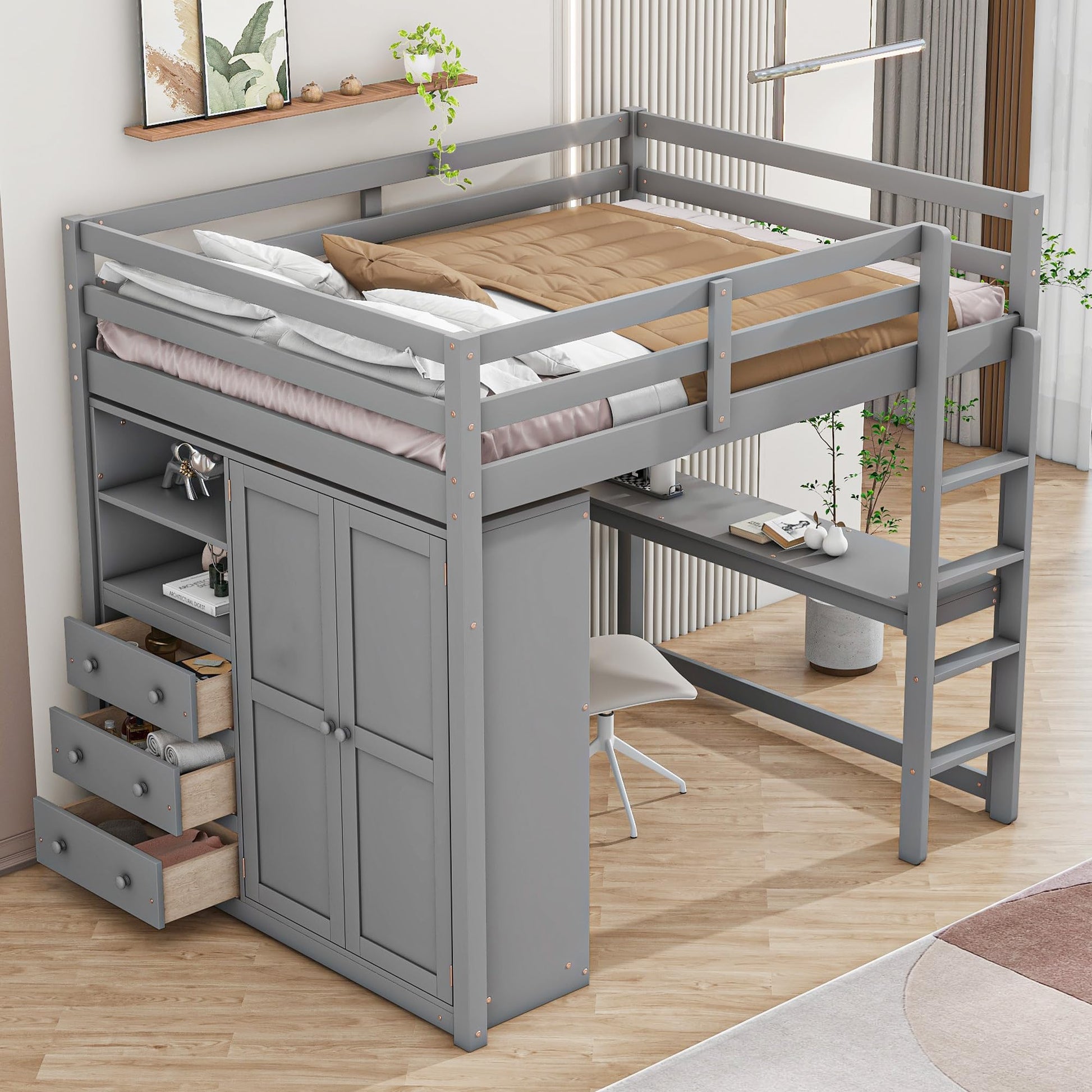 Wood Full Size Loft Bed with Built-in Desk and Wardrobe, 2 Shelves and 3 Storage Drawers, Wooden Loft Bed Frame with Ladder for Kids Teens Adults, Gray - WoodArtSupply