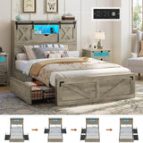 Hasuit Farmhouse Bed Frame Twin Size with 2 Storage Drawers, Wooden Platform Twin Bed with LED Lights and Charging Station, Rustic Accent Headboard with Sliding Barn Door Storage Cabinets Hasuit