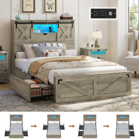 Hasuit Farmhouse Bed Frame Twin Size with 2 Storage Drawers, Wooden Platform Twin Bed with LED Lights and Charging Station, Rustic Accent Headboard with Sliding Barn Door Storage Cabinets Hasuit