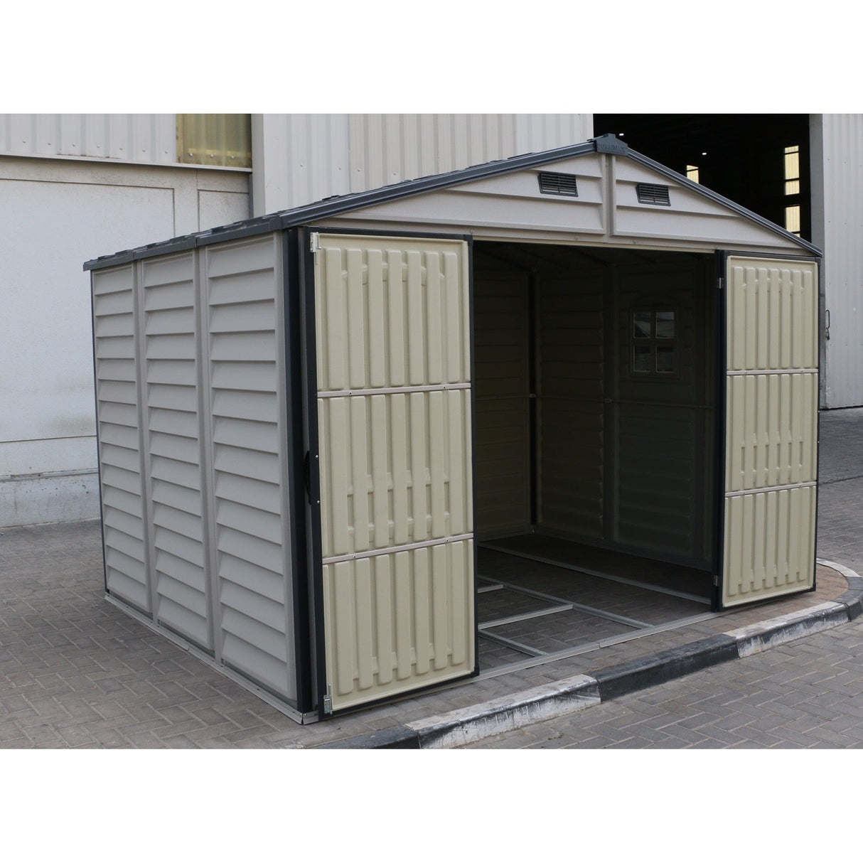 Duramax Woodside Plus 10 x 8 (8.02 m2) Plastic Garden Shed with 3 Fixed Windows & Metal Foundation Kit, Strong Metal Roof Structure Fire Retardant and Maintenance-Free Storage Shed - Dark Grey/Adobe DURAMAX