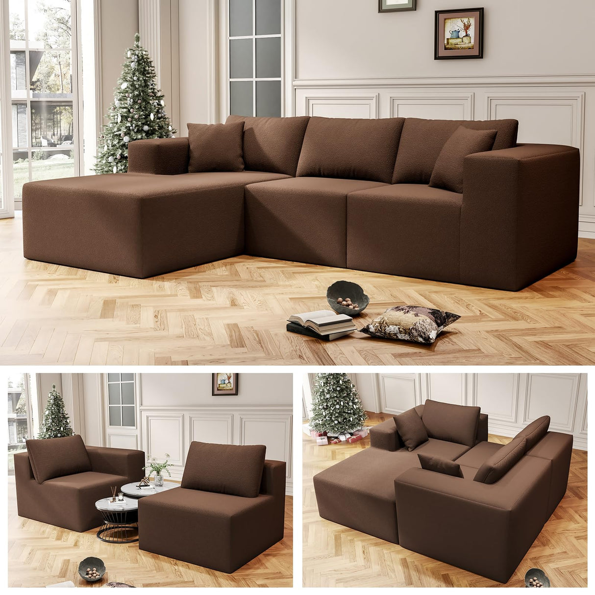 108" Cloud Sectional Couch with L-Shape Chaise,4 Seat Modern Modular Sofa with Deep Seat, Upholstered Couches for Living Room Bedroom, Sectional Boneless Couch (Coffee, 108"+Left Facing Chaise) SYFERLORY