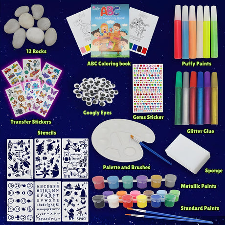 Rock Painting Kit for Kids 6-12 - Glow in The Dark Rock Painting Crafts Set, Arts and Crafts for kids ages 8-12, Stencils for Painting, Water Coloring book for 6, 7, 8, 9, 10, 11, 12 Year Old Kids PAINTIGO
