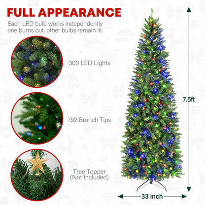 VIVATREES 7.5ft Prelit Pencil Christmas Tree with 300 Multicolor LED Lights, Artificial Green Slim Christmas Tree with 792 PVC Branch Tips, Metal Stand and Hinged Branches, 10 Color Modes