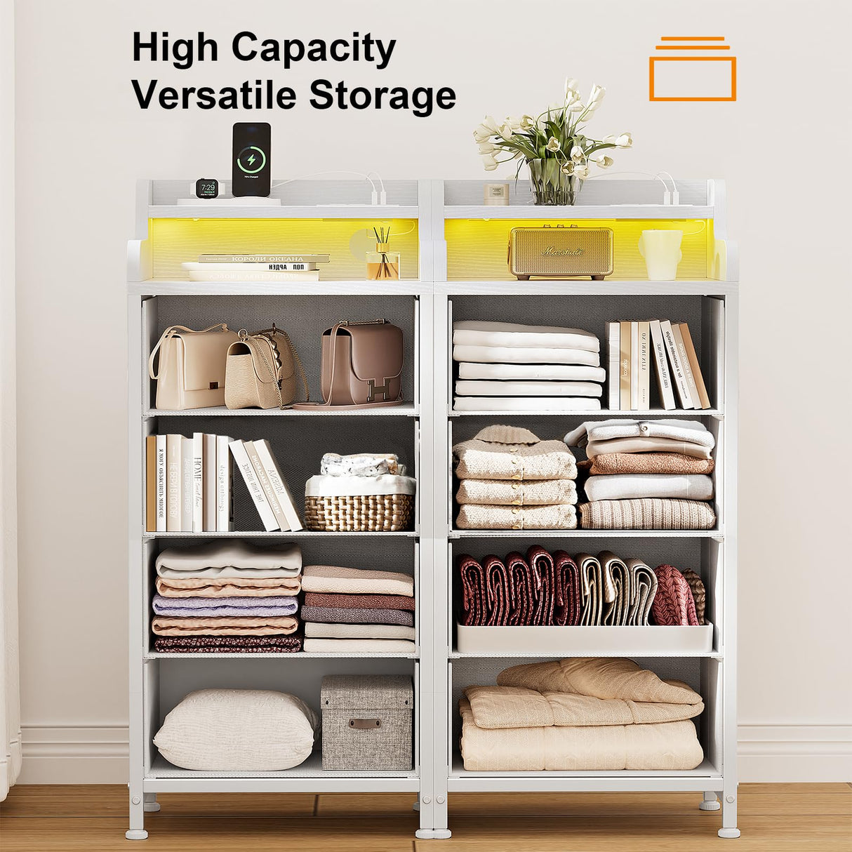 REAHOME Nightstand with Charging Station and LED Light, Tall White Night Stand with 4 Drawers and 2-Tier Shelf, Bedside Table with Sturdy Steel Frame Wood Top for Bedroom, Living Room - White REAHOME