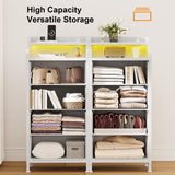 REAHOME Nightstand with Charging Station and LED Light, Tall White Night Stand with 4 Drawers and 2-Tier Shelf, Bedside Table with Sturdy Steel Frame Wood Top for Bedroom, Living Room - White REAHOME