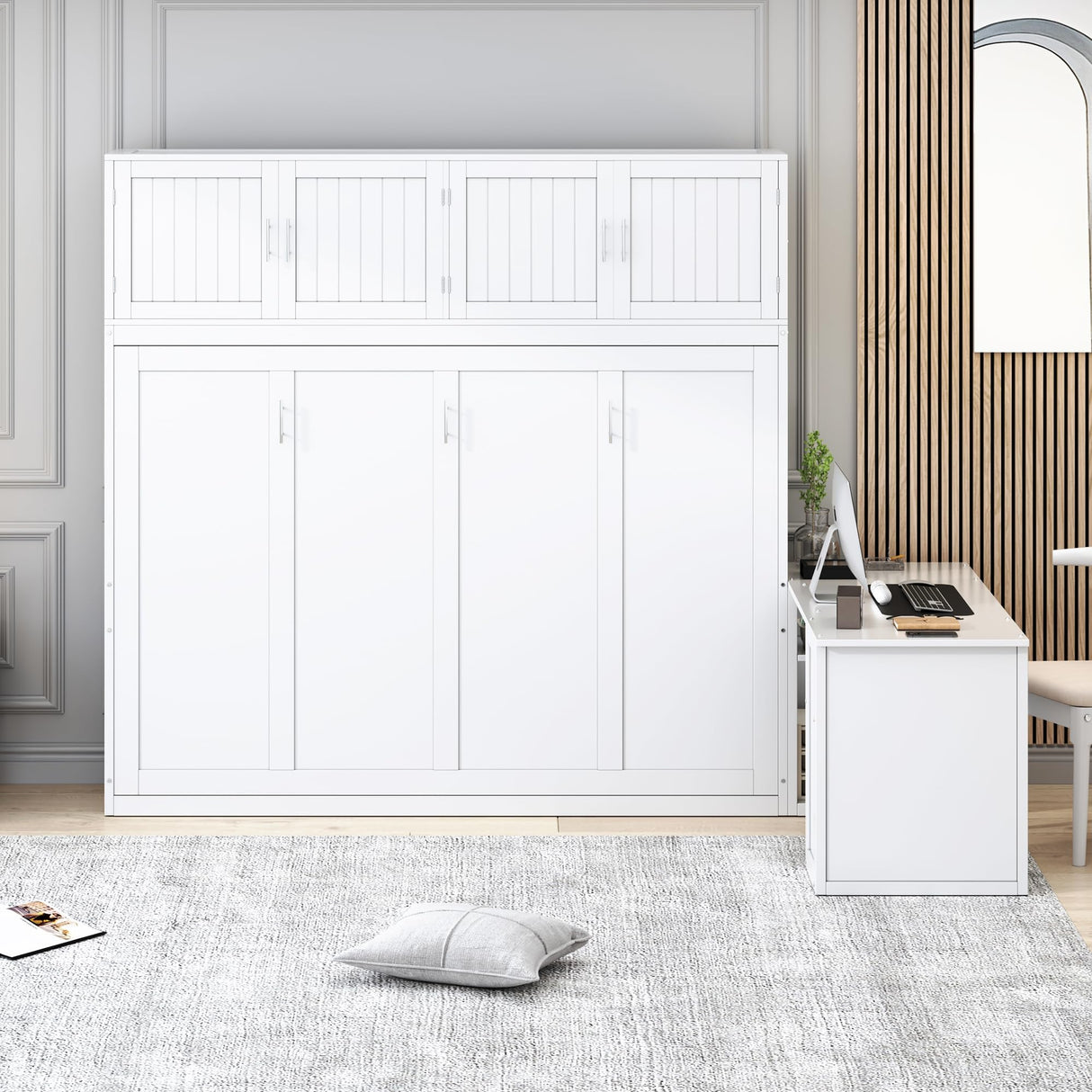 Merax Queen Size Wall Murphy Bed with Desk and Storage Shelves and Big Cabinets for Guest Room, Bed Room, Guest Room, Home Office, White Merax