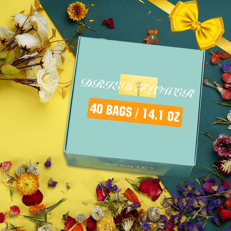 40 Bags Natural Dried Flowers Kit, Natural Dried Herbs with 2 Mesh Drawstring Bag for Soap,Candle,Resin Jewelry Making,Bath,Nail - Rose Petals,Rosebuds,Lilium,Jasmine,Don't Forget Me and More SACATR