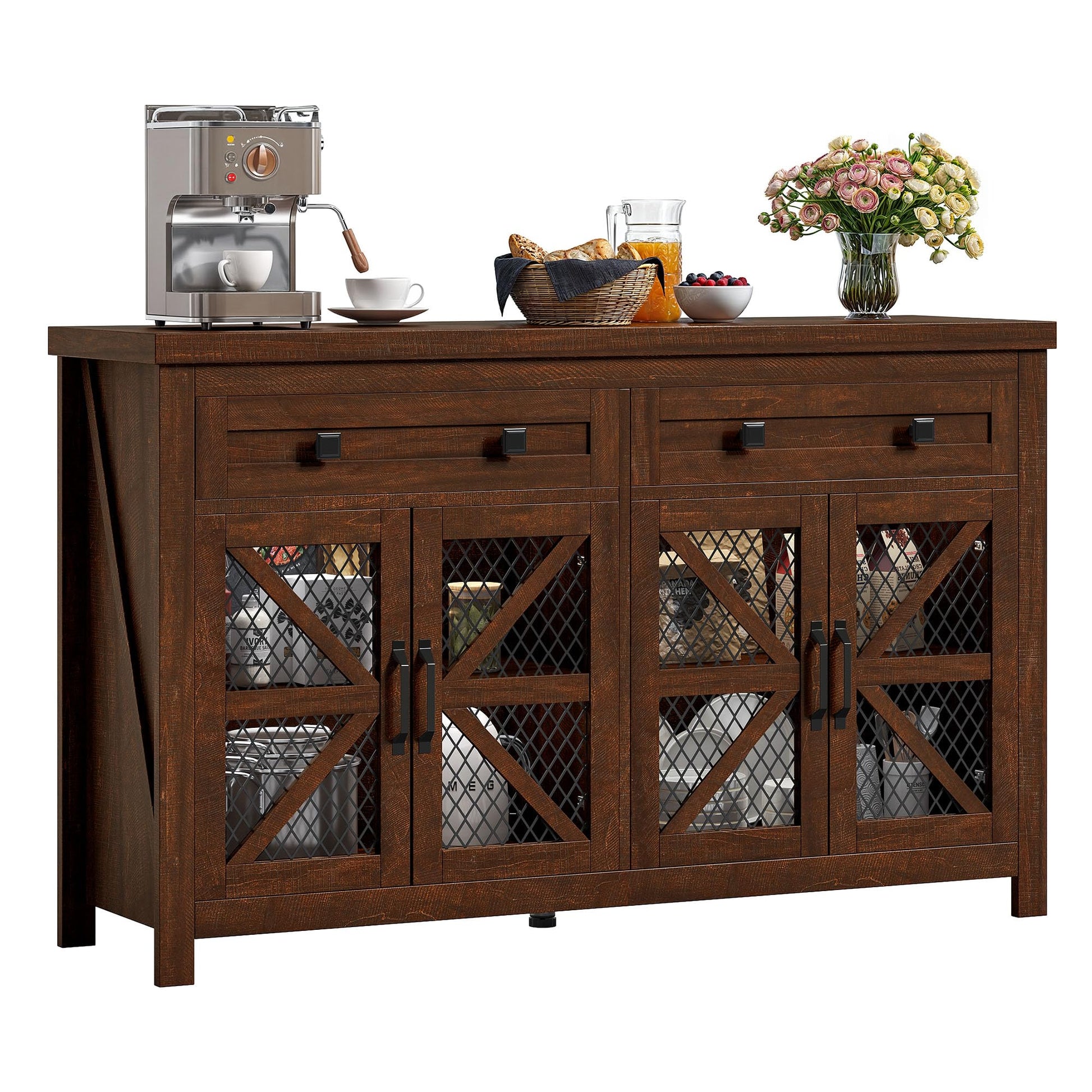 DWVO Farmhouse Buffet Cabinet with Storage, Wood Sideboard Storage Cabinet with 4 Doors & 2 Drawers, Bar Cabinet for Kitchen, Dining Room, Hallway, Rustic Brown - WoodArtSupply