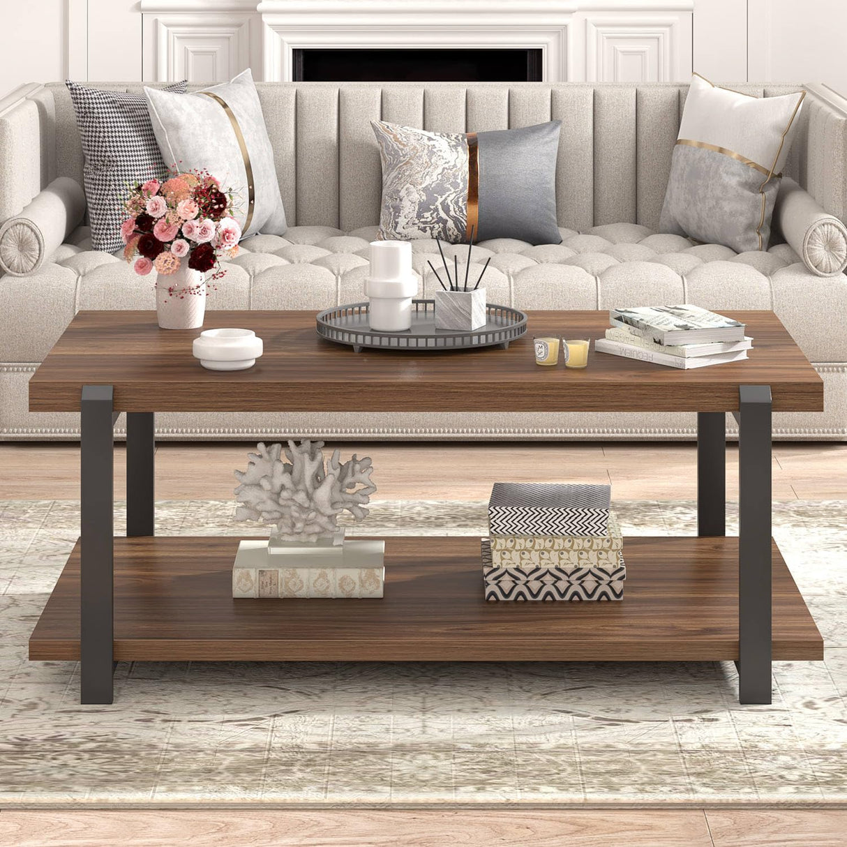 FOLUBAN Modern Coffee Table with Storage Shelf, Rustic Wood Center Table for Living Room, Walnut FOLUBAN