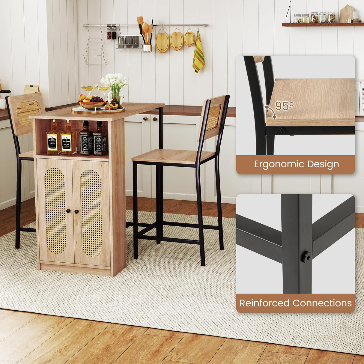 Tangkula 3-Piece Counter Height Bar Table Set, Kitchen Table with 2 Bar Stools & Storage Shelves, Breakfast Table Set with Backrests & Footrests, Rectangular High Top Pub Table with Chairs for 2 Tangkula