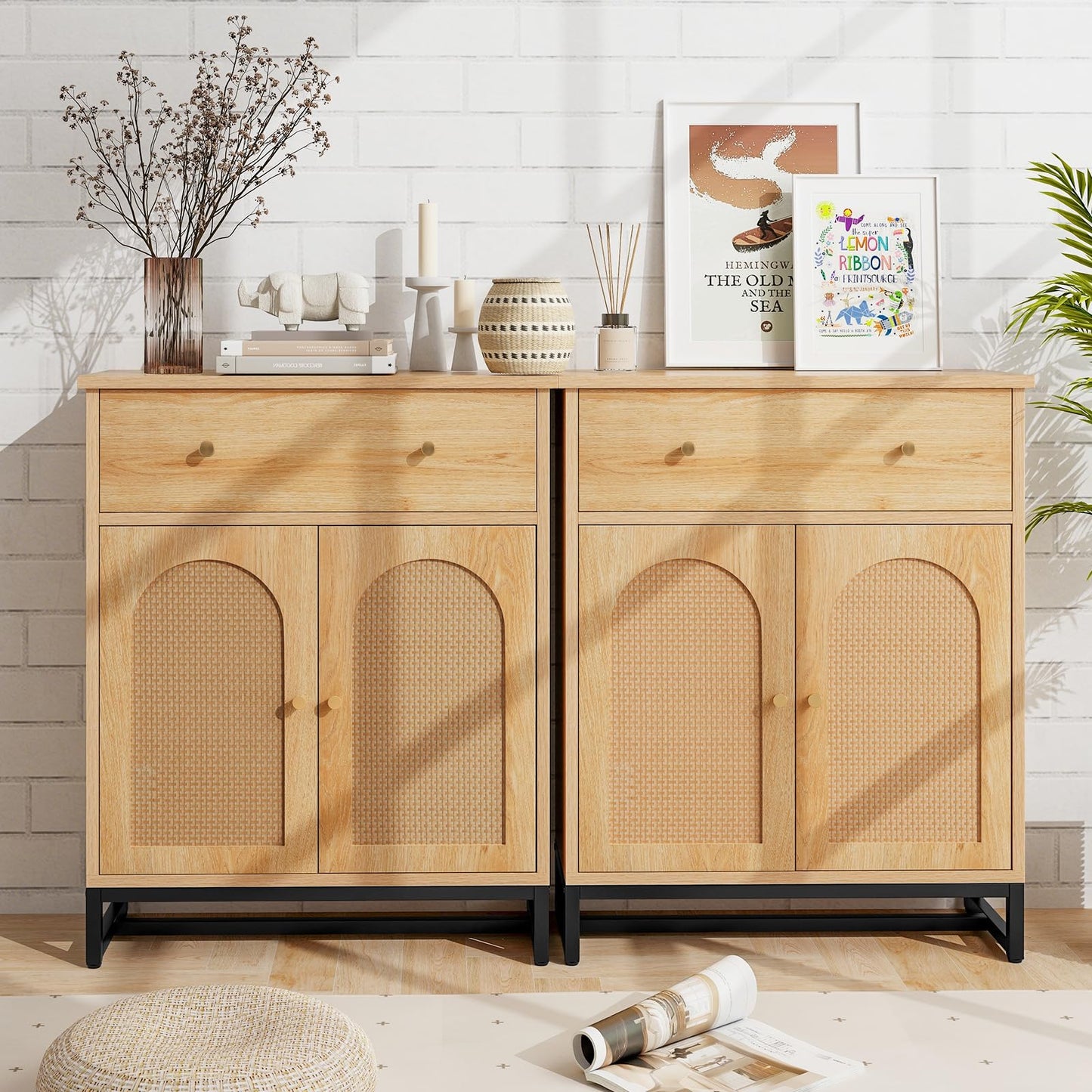 Tangkula Bathroom Storage Cabinet with Rattan Doors & Drawer, Sideboard Buffet Cabinet Coffee Bar for Living Room, Hallway & Entryway, Freestanding Accent Floor Cabinet (Farmhouse, Natural)