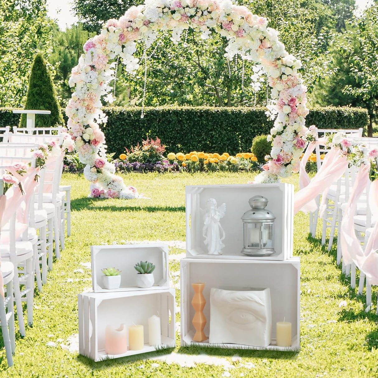 MACVAD Set of 4 Large Wooden Crates Decorative, Whitewashed Nesting Wooden Crates for Display Rustic, Farmhouse Wooden Storage Container Boxes Made from 100% Wood MACVAD