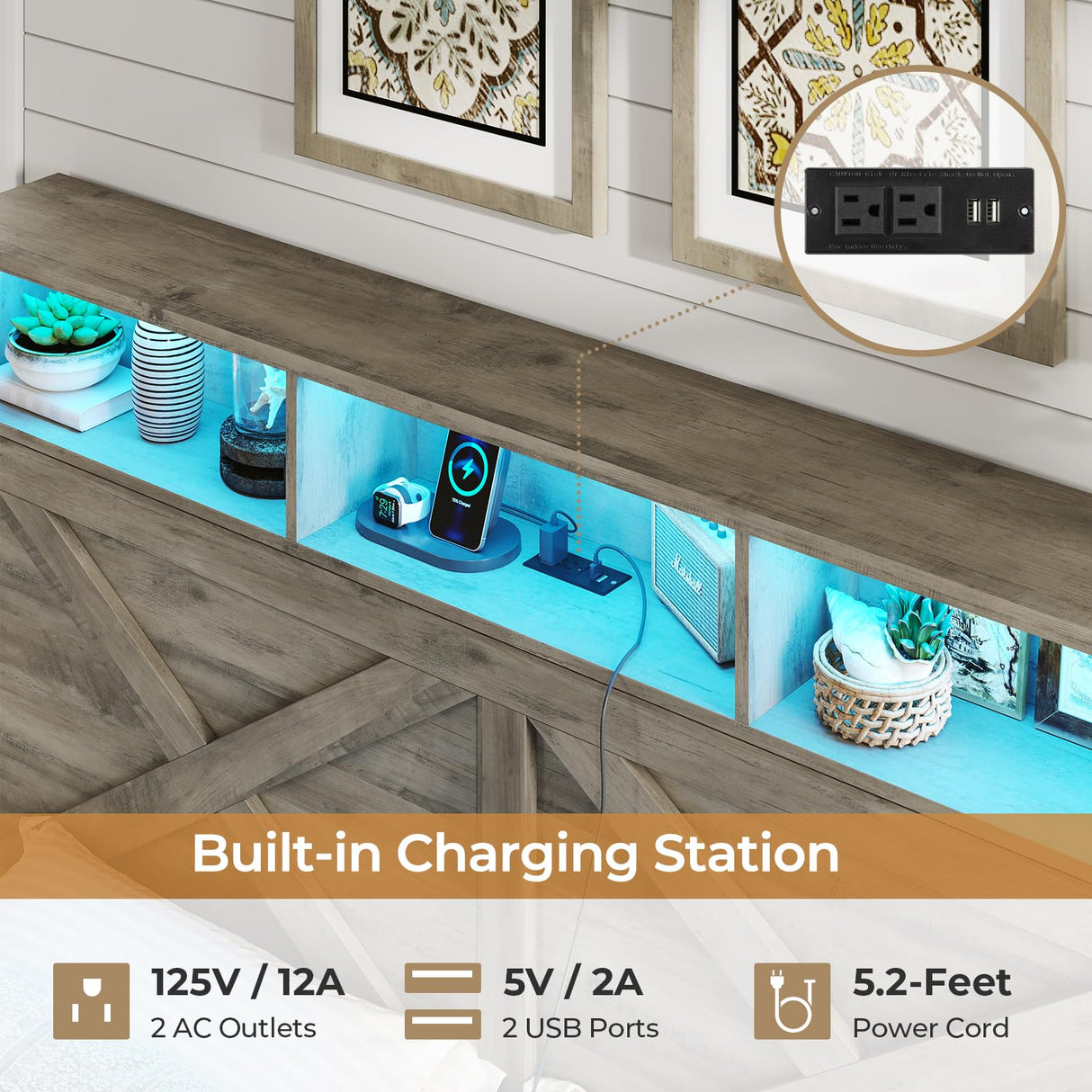 DICTAC Farmhouse Bed Frame Queen Size with Storage Headboard, Charging Station and Ottoman Rustic Queen Platform Bed Frame with Led Lights,Metal Slats Support,No Box Spring Needed,Oak Gray DICTAC